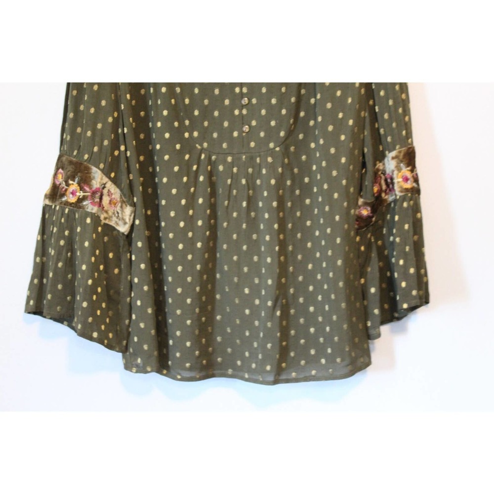 Chico's Dot Jacquard Peasant Top Green Gold Metallic Floral Size 2 12 H14724 - Picture 4 of 11